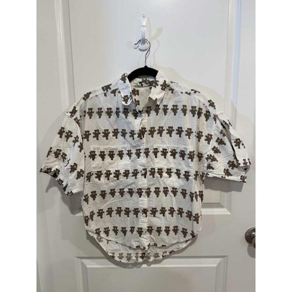 Andrew Sports Dancing Bears Print Blouse Short Sleeve Full Button Up Size Small